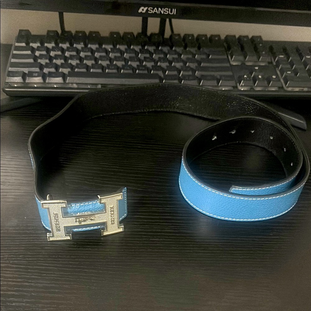 Blue Leather Belt with Silver Buckle